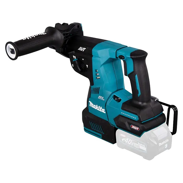 Makita XGT 40V max. Martillo combinado de batería HR004GZ - 40 V, Sin batería, 2,9 J - Taladro percutor inalámbrico Makita turquesa y negro con mango auxiliar y batería XGT de 40V.
