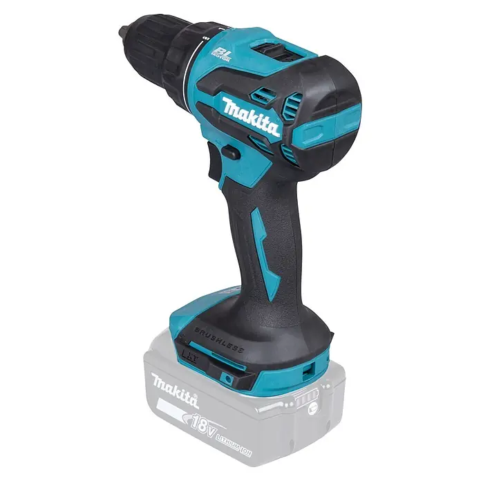 Makita LXT 18V Akku-Bohrschrauber DDF490Z - 18 V, Ohne Akku, 50 Nm - Makita 18V LXT Akku-Bohrschrauber in Schwarz und Türkis mit bürstenlosem Motor und grauem Lithium-Ionen-Akku.