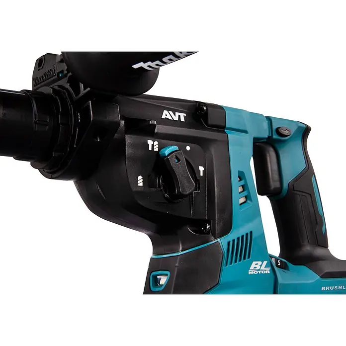 Makita XGT 40V max. Martillo combinado de batería HR004GZ - 40 V, Sin batería, 2,9 J - Primer plano de un taladro percutor Makita turquesa y negro, mostrando el selector de modo y los logotipos AVT y BL Motor.