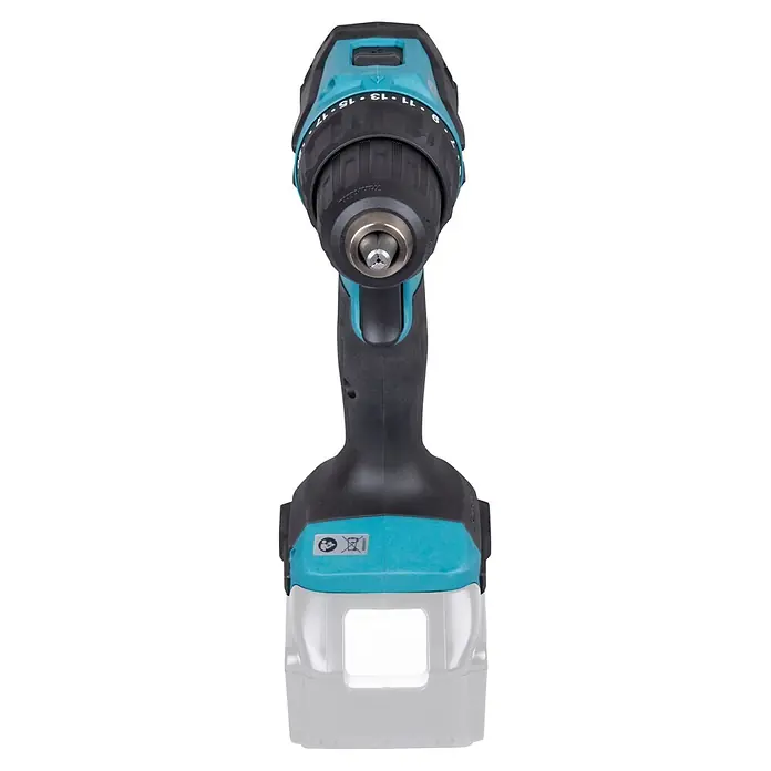 Makita LXT 18V Akku-Schlagbohrschrauber DHP490Z - 18 V, Ohne Akku, 65 Nm - Türkise und schwarze Akkubohrmaschine mit silbernem Bohrfutter und Akku, aufrecht stehend.