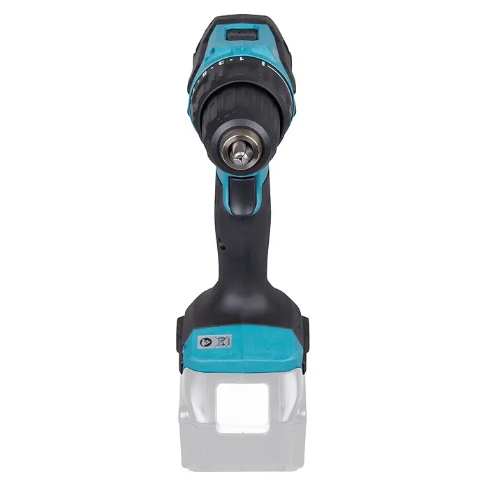 Makita LXT 18V Akku-Bohrschrauber DDF490Z - 18 V, Ohne Akku, 50 Nm - Akku-Bohrschrauber in Schwarz und Türkis mit eingesetztem Bohrer und sichtbaren Einstellungen.