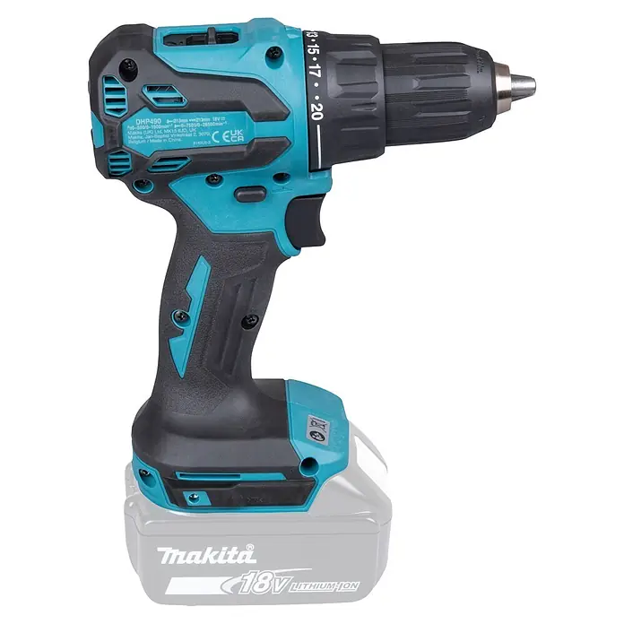 Makita LXT 18V Akku-Schlagbohrschrauber DHP490Z - 18 V, Ohne Akku, 65 Nm - Eine türkis-schwarze Makita DHP490 18V Lithium-Ionen Akku-Schlagbohrmaschine mit schwarzem Bohrfutter, einstellbaren Drehmomenteinstellungen und gummiertem Griff.