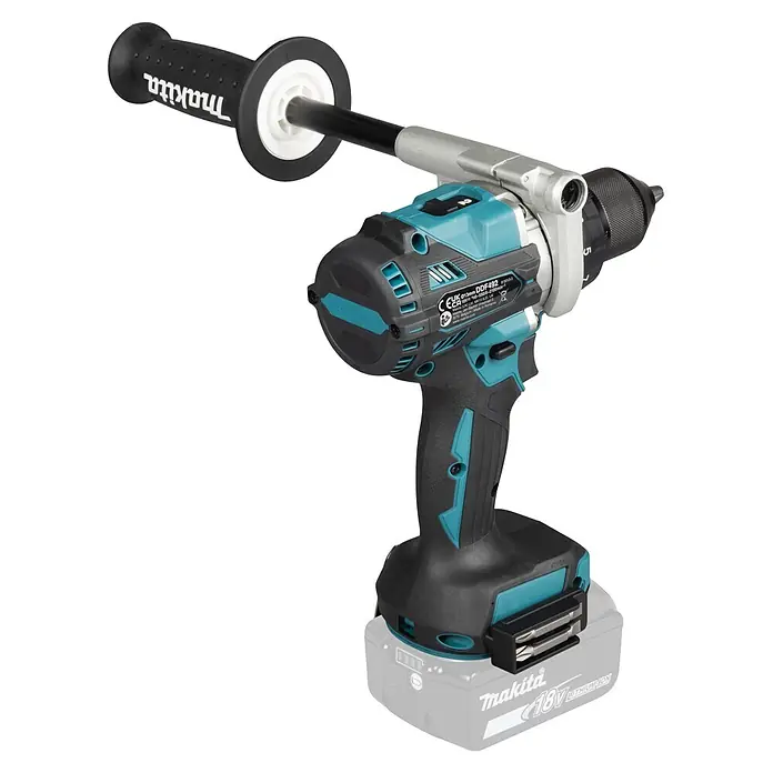 Makita LXT 18V Akku-Bohrschrauber DDF492Z - 18 V, Ohne Akku - Makita Akku-Bohrschrauber in Türkis und Schwarz, mit silbernem Bohrfutter und schwarzem Seitenhandgriff mit weißen Akzenten.