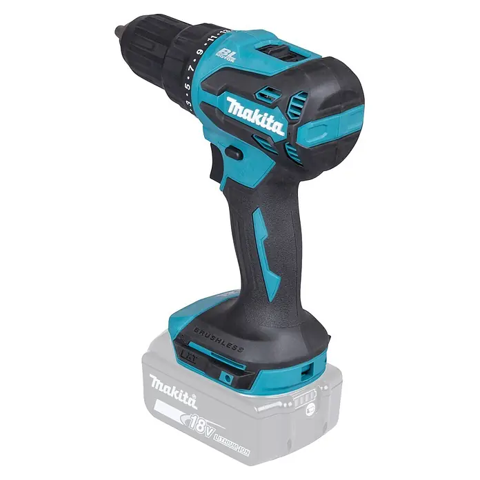 Makita LXT 18V Akku-Schlagbohrschrauber DHP490Z - 18 V, Ohne Akku, 65 Nm - Makita Akku-Bohrschrauber in Schwarz und Türkis, angetrieben von einem 18V Lithium-Ionen-Akku.