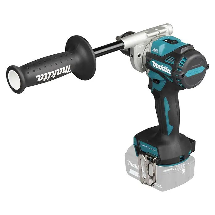 Makita LXT 18V Akku-Bohrschrauber DDF492Z - 18 V, Ohne Akku - Makita Akku-Winkelbohrmaschine, schwarz-türkis, mit Zusatzgriff und Akkupack.
