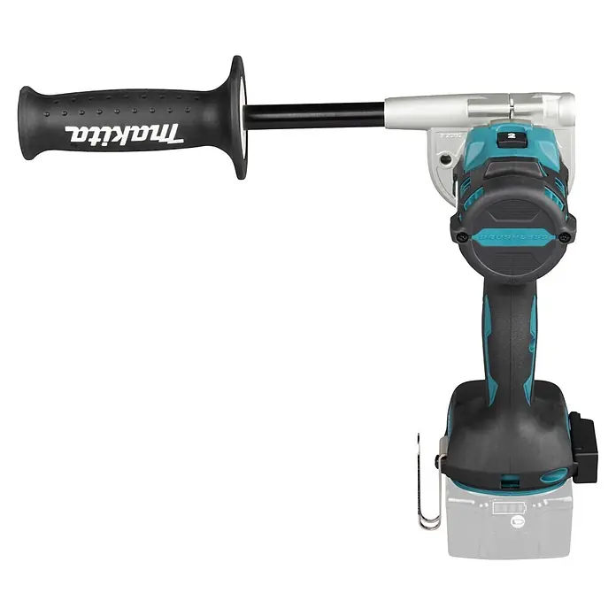 Makita LXT 18V Akku-Bohrschrauber DDF492Z - 18 V, Ohne Akku - Schwarze und türkisfarbene Makita Akku-Winkelbohrmaschine mit Zusatzhandgriff.
