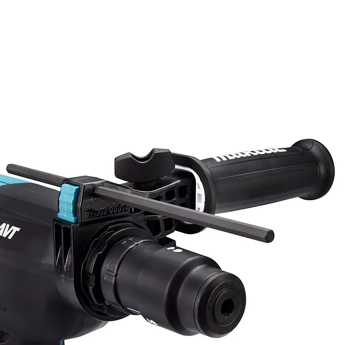 Makita XGT 40V max. Martillo combinado de batería HR004GZ - 40 V, Sin batería, 2,9 J - Martillo perforador negro con detalles azul claro, empuñadura lateral negra y varilla de profundidad gris.