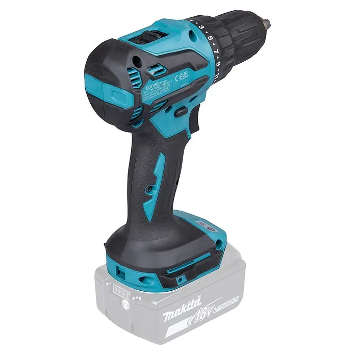 Makita LXT 18V Akku-Bohrschrauber DDF490Z - 18 V, Ohne Akku, 50 Nm - Schwarze und türkisfarbene Makita DDF490 Akkubohrmaschine mit 18V Lithium-Ionen-Akku.