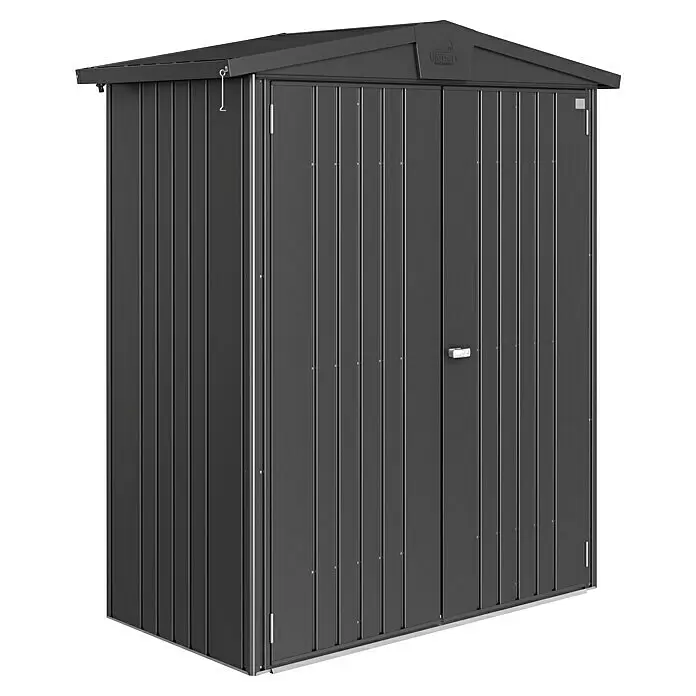 Biohort Europa Gerätehaus Europa Gr. 1 - Außenbreite inkl. Dachüberstand: 172 cm, Außentiefe inkl. Dachüberstand: 84 cm, Stahl, Dunkelgrau Metallic - Diagonale Ansicht