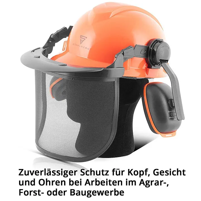 STAHLWERK Schutzhelm Forsthelm FH-100 ST mit Visier und Gehörschutz -  - Orangefarbener Schutzhelm mit schwarzem Visier und Gehörschutz für Kopf, Gesicht und Ohren bei Agrar-, Forst- oder Bauarbeiten.
