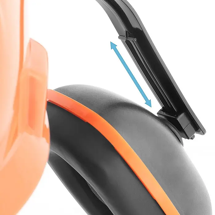 STAHLWERK Schutzhelm Forsthelm FH-100 ST mit Visier und Gehörschutz -  - Nahaufnahme von schwarzem und orangefarbenem Gehörschutz, mit blauem Pfeil zur Anzeige der vertikalen Verstellbarkeit.