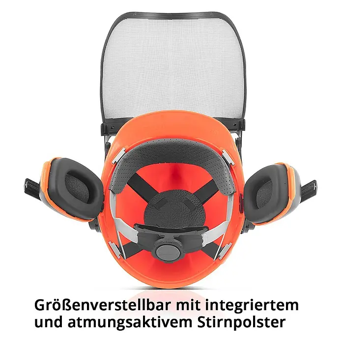 STAHLWERK Schutzhelm Forsthelm FH-100 ST mit Visier und Gehörschutz -  - Oranger Schutzhelm mit integriertem Gehörschutz und Gittervisier, größenverstellbar mit atmungsaktivem Stirnpolster.