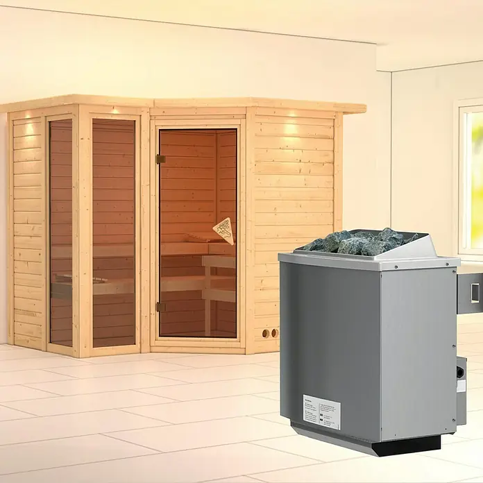 Karibu Massivholzsauna Amara - Mit 9 kW Ofen mit integrierter Steuerung, Mit Dachkranz und Beleuchtung, L x B x H: 264 x 198 x 200 cm - Ein moderner Saunaofen mit Saunasteinen steht vor einer hellen Holzsauna und sorgt für entspannende Momente.
