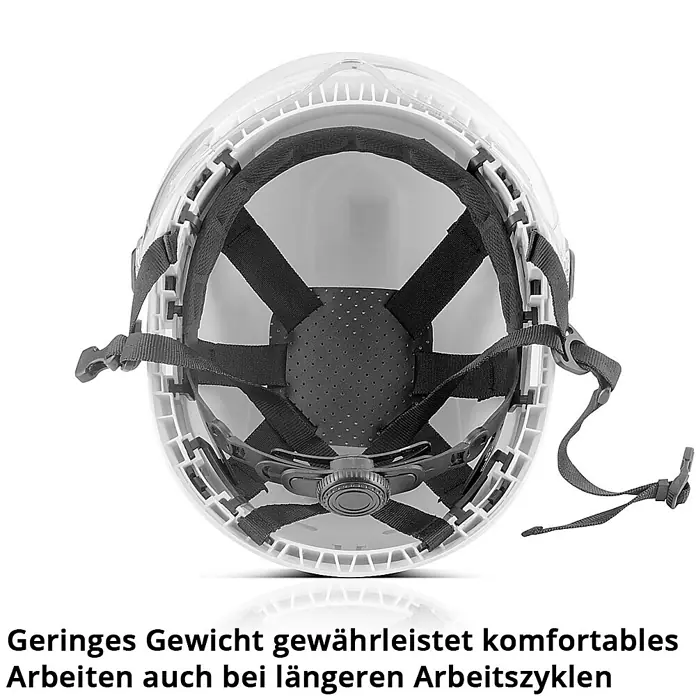 STAHLWERK Schutzhelm Schutzhelm SVH-100 ST mit Visier -  - Leichter weißer Schutzhelm, Innenansicht mit bequemem, verstellbarem schwarzem Tragesystem und Drehverschluss.