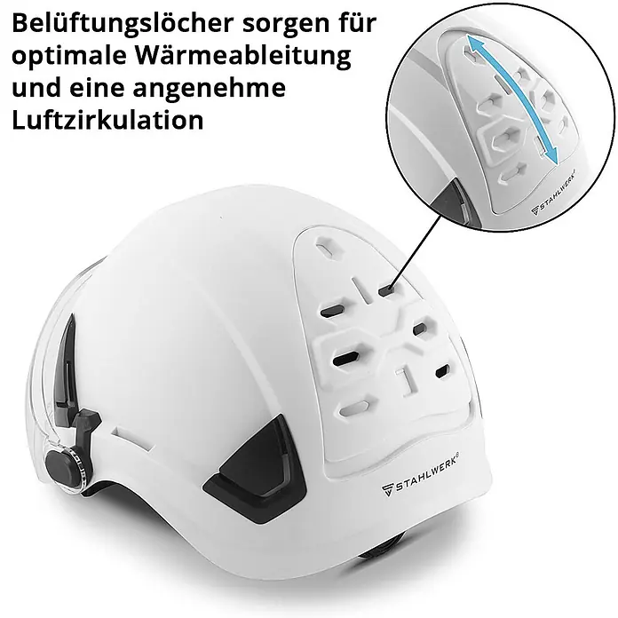 STAHLWERK Schutzhelm Schutzhelm SVH-100 ST mit Visier -  - Weißer Schutzhelm mit verstellbaren Belüftungslöchern für optimale Wärmeableitung und Luftzirkulation. Zoomansicht zeigt den Belüftungsmechanismus.