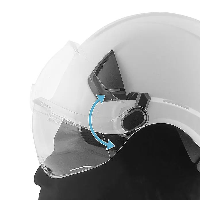 STAHLWERK Schutzhelm Schutzhelm SVH-100 ST mit Visier -  - Weißer Schutzhelm mit klarem, beweglichem Visier, dargestellt durch einen blauen Pfeil für die Auf- und Abwärtsbewegung.