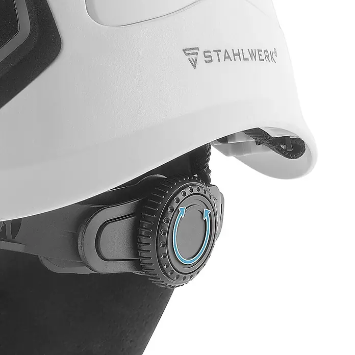 STAHLWERK Schutzhelm Schutzhelm SVH-100 ST mit Visier -  - Nahaufnahme eines weißen Stahlwerk-Helms mit schwarzem Einstellrad und blauen Drehrichtungspfeilen.