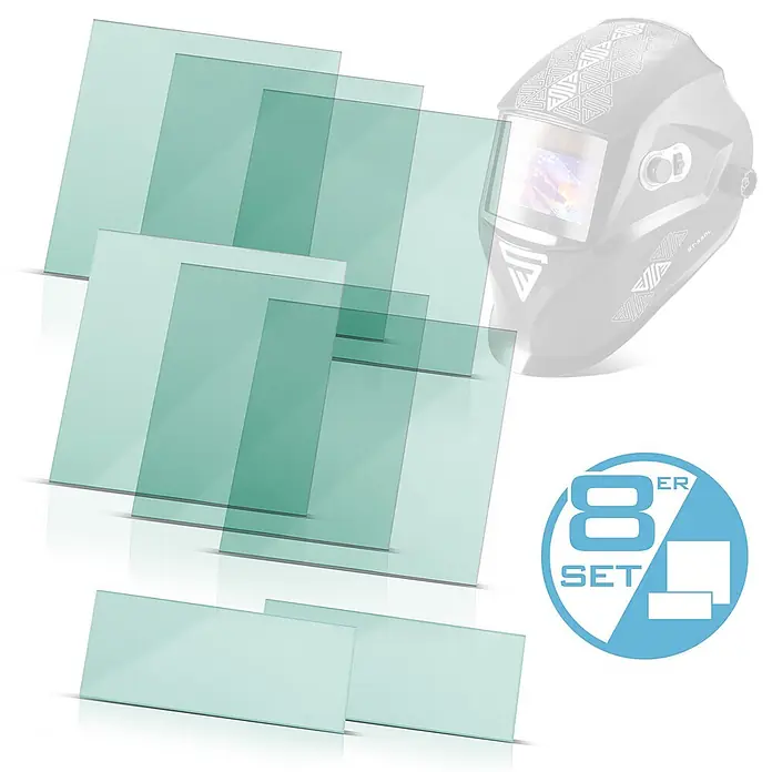 STAHLWERK Schutzhelm Schweißhelm Ersatzscheiben ST 550 L 8er Set -  - 8 klare, grüne Schutzgläser für Schweißhelme in zwei Größen, mit Helm gezeigt.