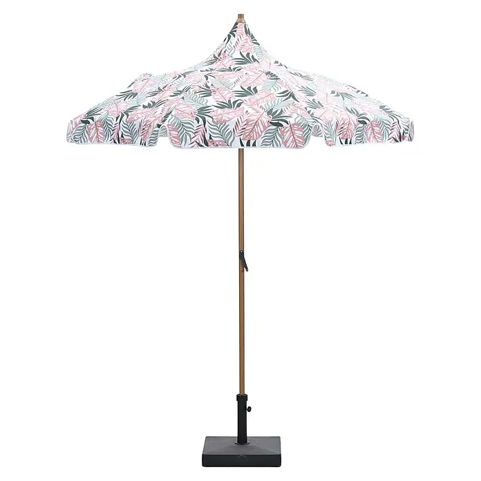 Garden Impressions Marktschirm rund Aloha - Rosa/Blättermotiv, Durchmesser Bespannung: 200 cm - Garten-Sonnenschirm mit tropischem Blattmuster in Rosa und Grün, Holzstange und dunklem, quadratischem Fuß.