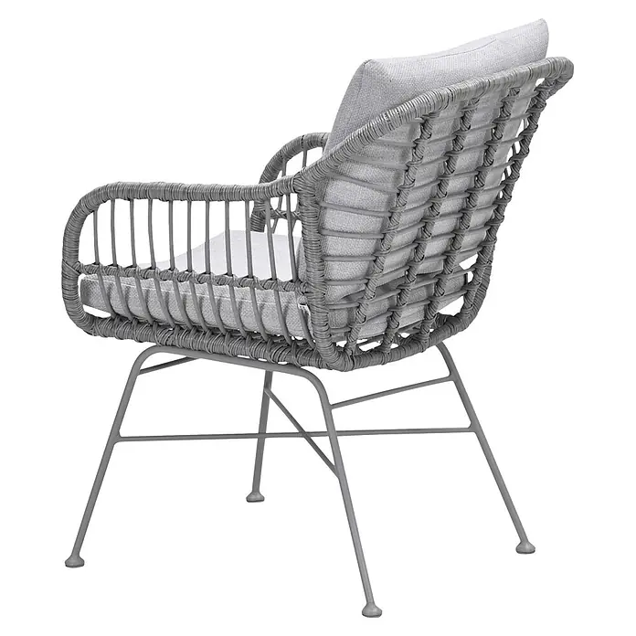 Garden Impressions Gartensessel Margriet - 1 Stk., Stahl, Polyester, Stapelbar, Taupe/Sand, B x T x H: 69,5 x 91 x 59 cm - Grauer geflochtener Outdoor-Sessel mit hellgrauen Kissen, von hinten rechts gesehen.