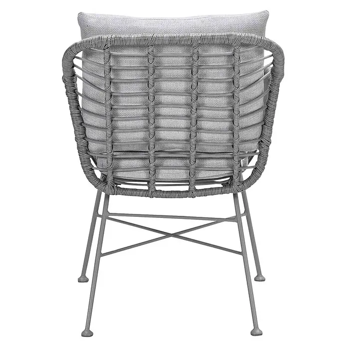 Garden Impressions Gartensessel Margriet - 1 Stk., Stahl, Polyester, Stapelbar, Taupe/Sand, B x T x H: 69,5 x 91 x 59 cm - Rückansicht eines grauen Rattanstuhls mit hellgrauem Kissen und grauen Metallbeinen.
