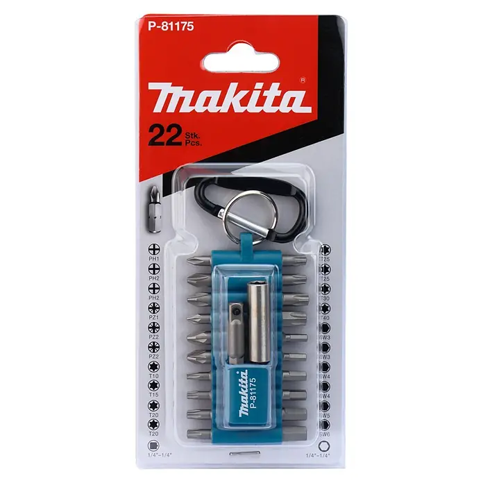Makita Bit-Set P-81175 - 22 -tlg. - Makita P-81175 22-teiliges Schrauberbit-Set mit Phillips-, Pozi-, Torx- und Sechskant-Bits, Magnetbithalter und Karabiner, in roter Verpackung.