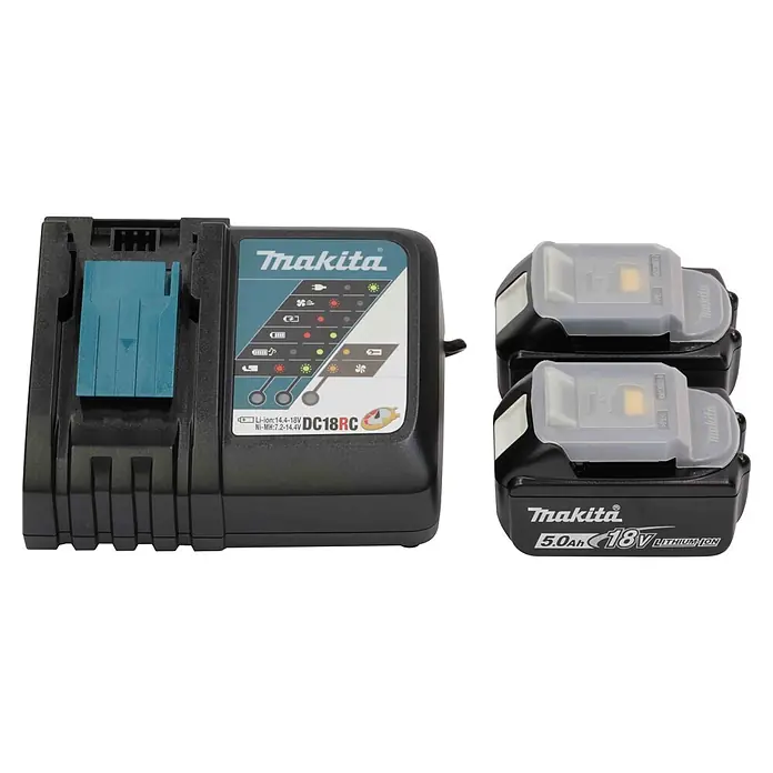 Makita LXT 18V Akku & Ladegerät Power Source-Kit - 18 V, 2 Akkus - Schwarzes Makita DC18RC Ladegerät für Li-ion- und Ni-MH-Akkus, abgebildet mit zwei 18V 5.0Ah Lithium-ion-Akkus.