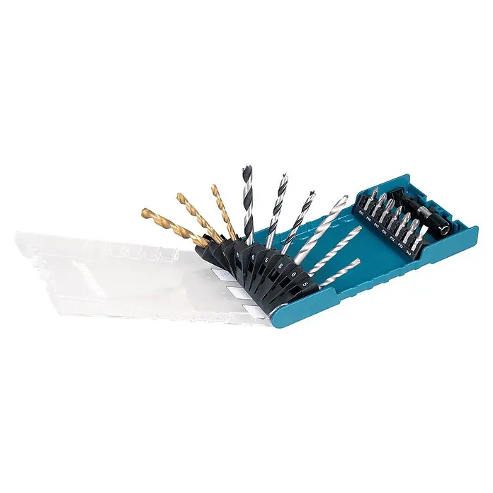 Makita Bohrer- & Bit-Set D-74887 - 17 -tlg. - Bohrer- und Schrauberbit-Satz in blauem Gehäuse mit transparentem Deckel. Enthält Metall-, Holz- und Betonbohrer sowie diverse Schrauberbits.