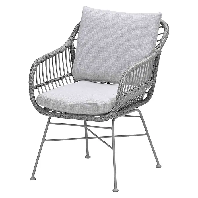 Garden Impressions Gartensessel Margriet - 1 Stk., Stahl, Polyester, Stapelbar, Taupe/Sand, B x T x H: 69,5 x 91 x 59 cm - Grauer Outdoor-Stuhl mit geflochtenem Rattan-Rahmen, hellgrauen Kissen und Metallbeinen.