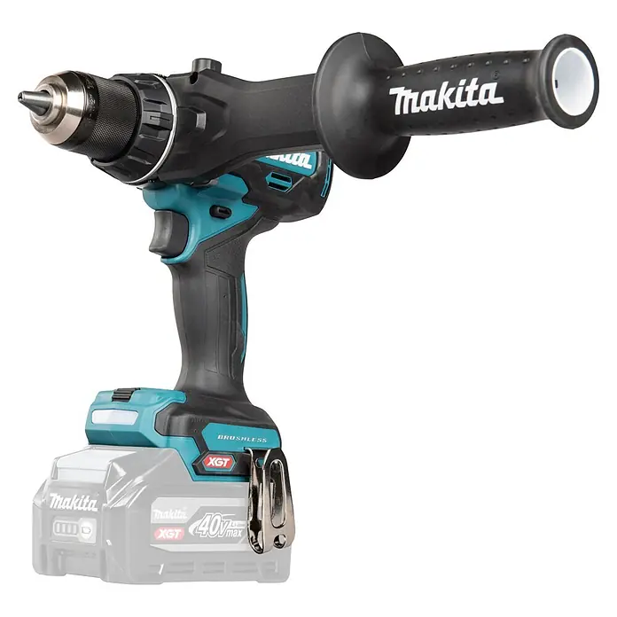 Makita XGT 40V max. Akku-Bohrschrauber DF003G - 40 V, Ohne Akku, 150 Nm - Makita XGT Akkubohrer in Schwarz und Türkis mit Bohrfutter, Zusatzgriff und teilweise sichtbarem 40V Akku.