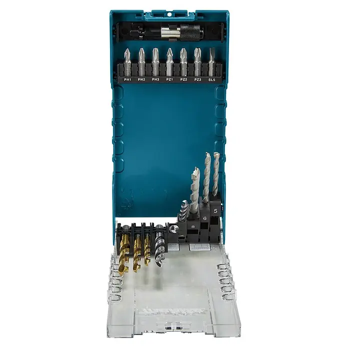 Makita Bohrer- & Bit-Set D-74887 - 17 -tlg. - Sortiertes Bohr- und Schrauberbit-Set in einer blau-transparenten Kunststoffbox, mit verschiedenen Bit-Typen und Größen.