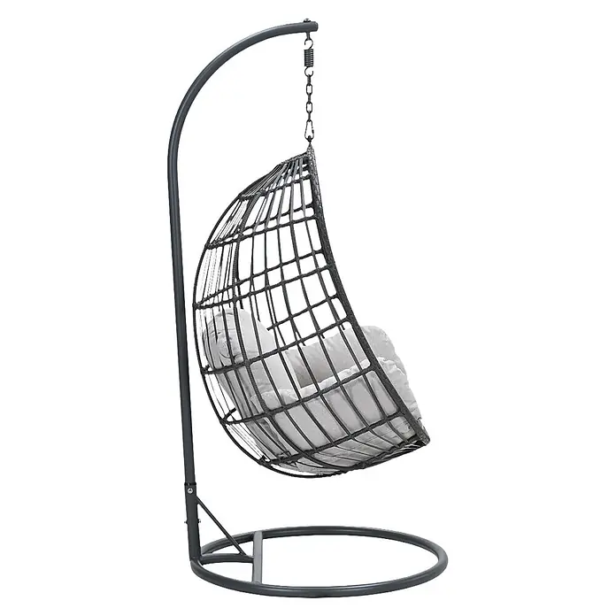 Garden Impressions Hängesessel Fargo - L x B x H: 92 x 79 x 198 cm, Metall, Schwarz/Grau - Dunkelgrauer Hängesessel mit Metallgestell und Rattan-Korb, inklusive hellgrauer Kissen.