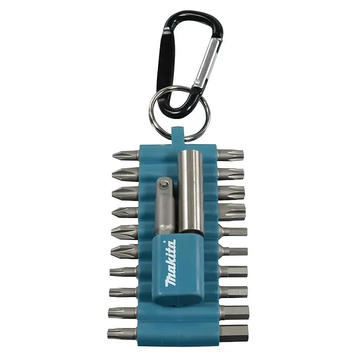 Makita Bit-Set P-81175 - 22 -tlg. - Tragbares Makita Schrauber-Bit-Set mit türkisem Halter, verschiedenen Metallbits und Adaptern am schwarzen Karabiner.