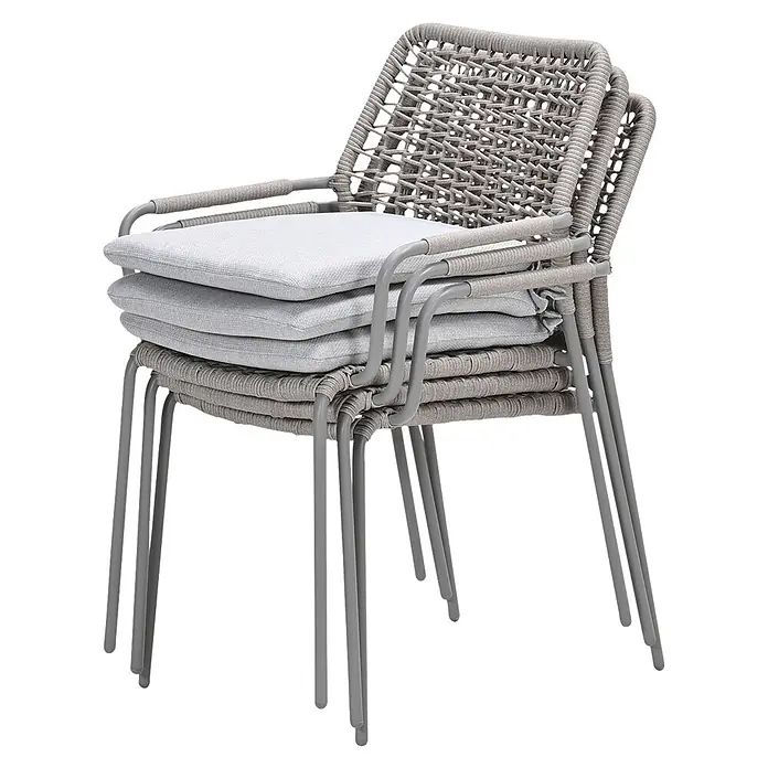 Garden Impressions Gartensessel Swifty - 1 Stk., Stahl, Polyester, Stapelbar, Taupe, B x T x H: 63,5 x 84,5 x 56,5 cm - Vier graue, geflochtene Gartenstühle mit hellgrauen Kissen, ordentlich gestapelt.
