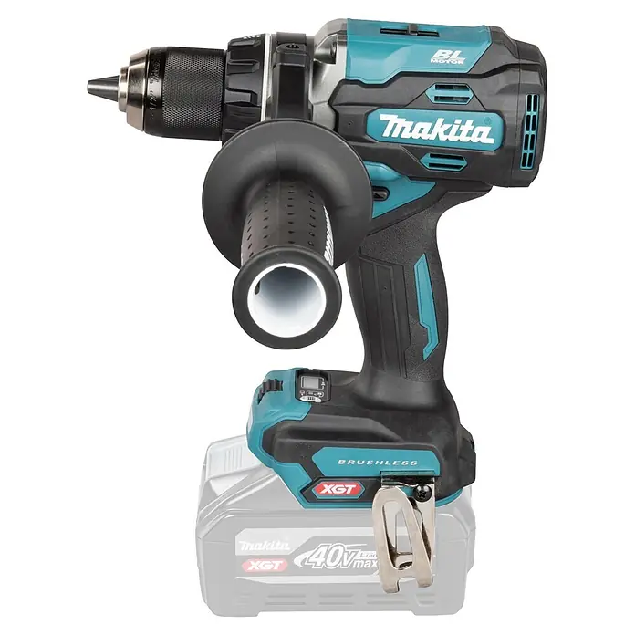 Makita XGT 40V max. Akku-Bohrschrauber DF003G - 40 V, Ohne Akku, 150 Nm - Makita 40V XGT Akku-Bohrhammer mit bürstenlosem Motor, schwarz-türkis, mit Zusatzhandgriff und Akku.