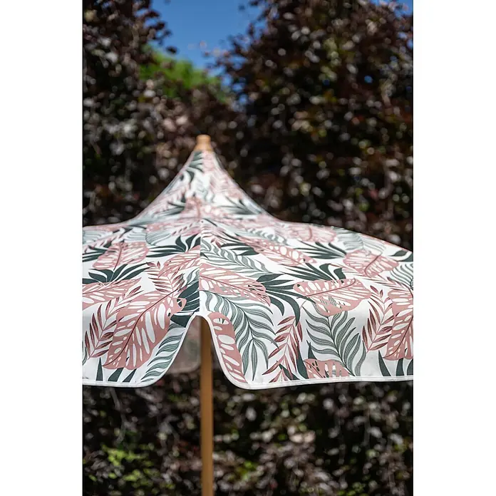 Garden Impressions Marktschirm rund Aloha - Rosa/Blättermotiv, Durchmesser Bespannung: 200 cm - Sonnenschirm aus Stoff mit weißem Grund und tropischem Blattmuster in Rosa, Dunkelgrün und Hellgrün, mit Holzstange.