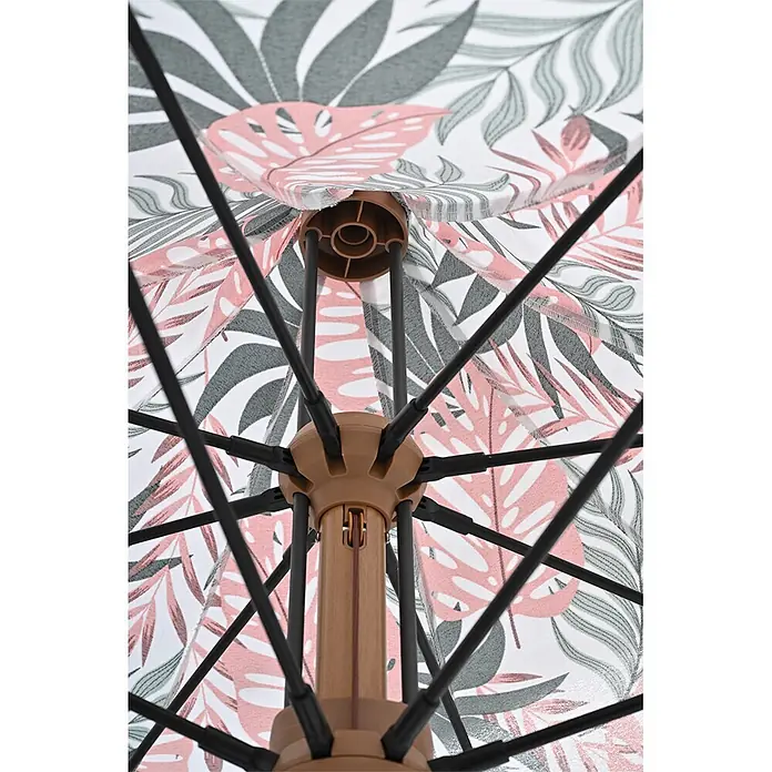 Garden Impressions Marktschirm rund Aloha - Rosa/Blättermotiv, Durchmesser Bespannung: 200 cm - Unterseite eines Sonnenschirms mit rosafarbenem und grauem Blättermuster auf dem Stoff, schwarzen Streben, braunen Naben und Holzmittelstange.