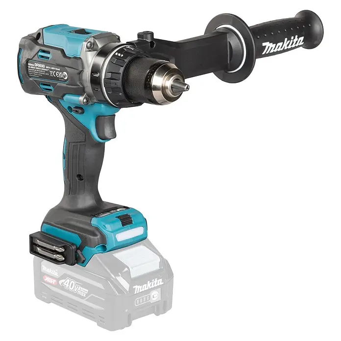 Makita XGT 40V max. Akku-Bohrschrauber DF003G - 40 V, Ohne Akku, 150 Nm - Türkis-schwarzer Makita Akkubohrschrauber mit Zusatzhandgriff und 40V max Akku.