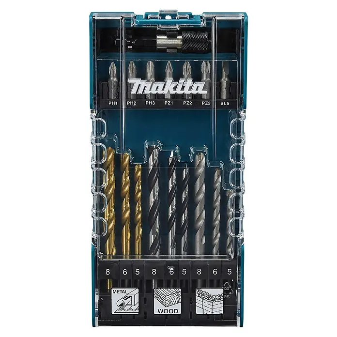 Makita Bohrer- & Bit-Set D-74887 - 17 -tlg. - Makita Bohrer- und Schrauberbit-Set in Klarsichtbox, mit goldenen Metall-, schwarzen Holz- und grauen Betonbohrern sowie verschiedenen Schrauberbits.