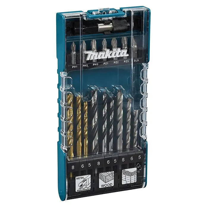 Makita Bohrer- & Bit-Set D-74887 - 17 -tlg. - Makita Bohrer- und Bit-Satz mit magnetischem Bithalter in transparentem türkisfarbenem Gehäuse. Enthält verschiedene Metall-, Holz-, Steinbohrer und Schrauberbits.
