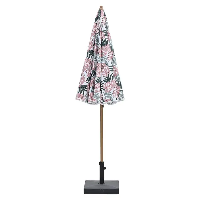 Garden Impressions Marktschirm rund Aloha - Rosa/Blättermotiv, Durchmesser Bespannung: 200 cm - Geschlossener Sonnenschirm mit weißem, rosa und dunkelgrünem tropischem Blättermuster, Holzstange und schwarzem quadratischem Fuß.