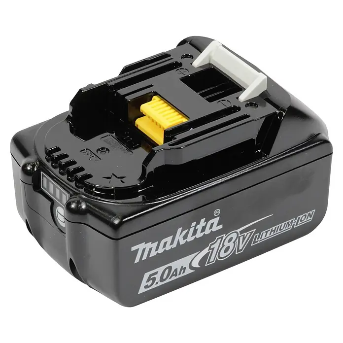 Makita LXT 18V Akku & Ladegerät Power Source-Kit - 18 V, 2 Akkus - Schwarzer Makita 18V 5.0Ah Lithium-Ionen Akku mit gelben und weißen Akzenten.