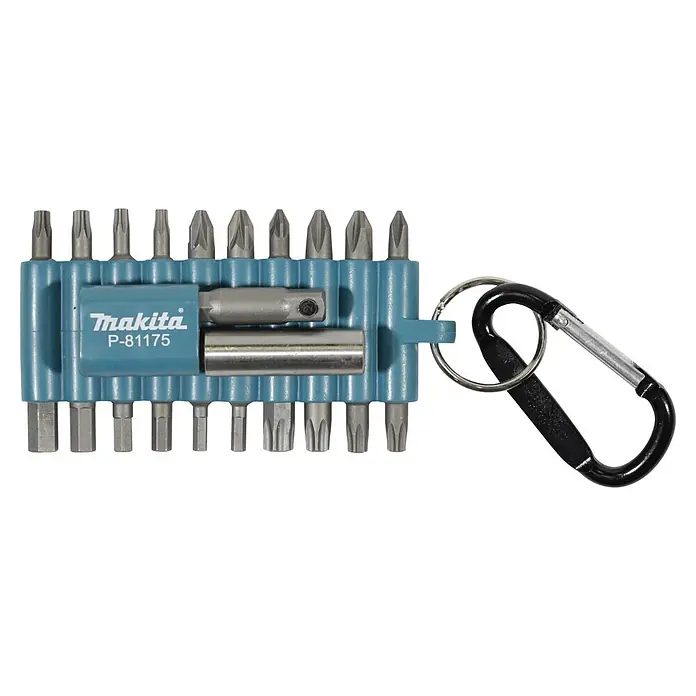 Makita Bit-Set P-81175 - 22 -tlg. - Blaues Makita Schraubendreher-Bit-Set mit verschiedenen Metallbits und Haltern, befestigt an einem schwarzen Karabiner mit Schlüsselring.