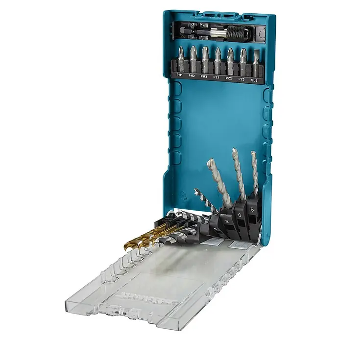 Makita Bohrer- & Bit-Set D-74887 - 17 -tlg. - Offenes Set aus türkisfarbenem und transparentem Kunststoff mit Schraub- und Bohrerbits.