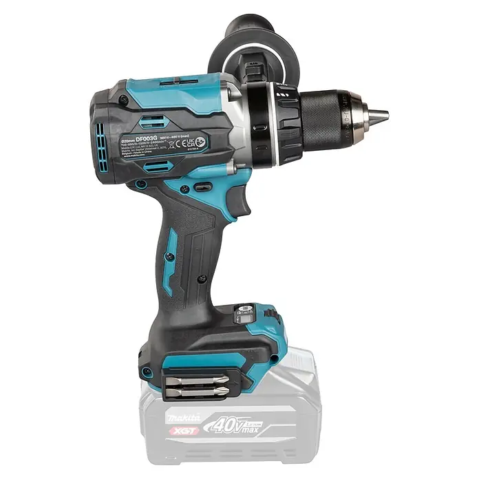 Makita XGT 40V max. Akku-Bohrschrauber DF003G - 40 V, Ohne Akku, 150 Nm - Makita XGT 40V Akku-Bohrmaschine mit Zusatzhandgriff und Akku. Schwarz-türkises Design.