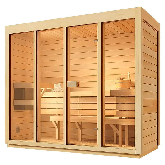 FinnTherm Massivholzsauna Kuuma L - Elektroofen - Hölzerne Saunakabine mit Glastüren und Sitzbänken innen.