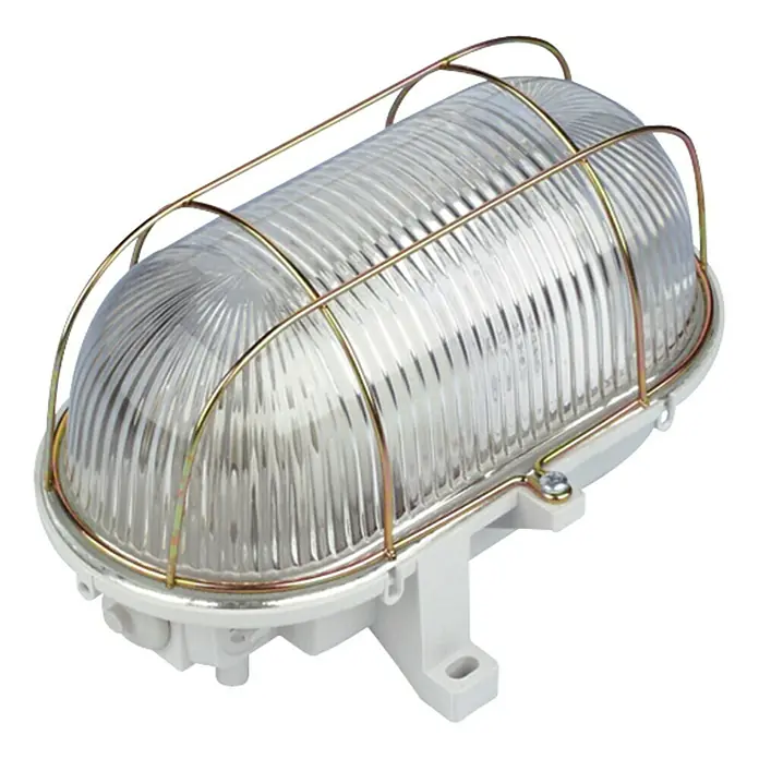Ritter Leuchten LED-Wand- & Deckenleuchte - IP44, grau, 110 x 185 x 130 mm - Eine robuste, ovale Außenleuchte mit einem klaren, gerippten Glas und einem schützenden Metallkäfig für den Einsatz im Freien.