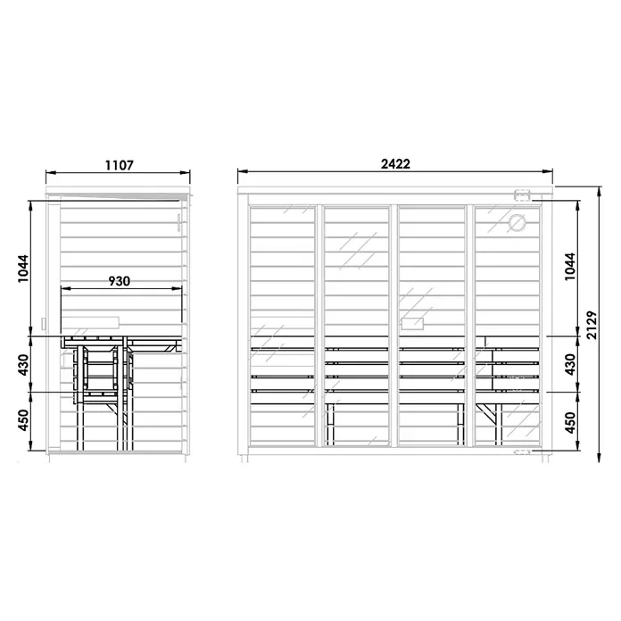 FinnTherm Massivholzsauna Kuuma L - Elektroofen - Technische Zeichnungen einer Saunakabine mit Vorder- und Seitenansicht, inklusive Maßen für Breite, Höhe und Sitzbänke.