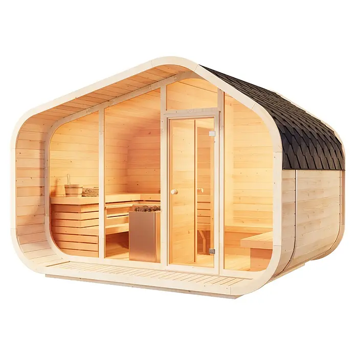 FinnTherm Fasssauna ScandiCube Wave Premium - Holz, L x B x H: 286 x 38 x 264 cm - Eine moderne, fassförmige Außensauna aus hellem Holz mit Glasfront, dunklem Schindeldach, Innenbänken und Heizung.