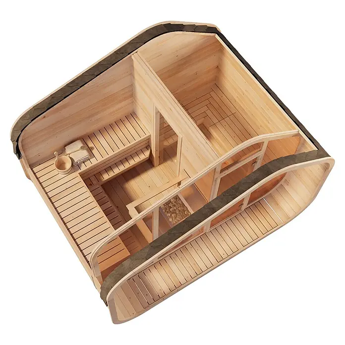 FinnTherm Fasssauna ScandiCube Wave Premium - Holz, L x B x H: 286 x 38 x 264 cm - Heller Holzfasssauna-Innenraum mit Bänken, Saunaofen, Eimer, Kelle und Handtüchern, von oben betrachtet.